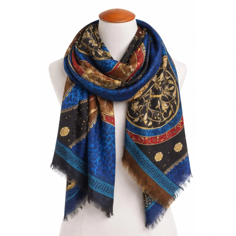 XINMURFFY 100% Wool Oversized Scarf Blue Gold Baroque Medallion Wrap Shawl